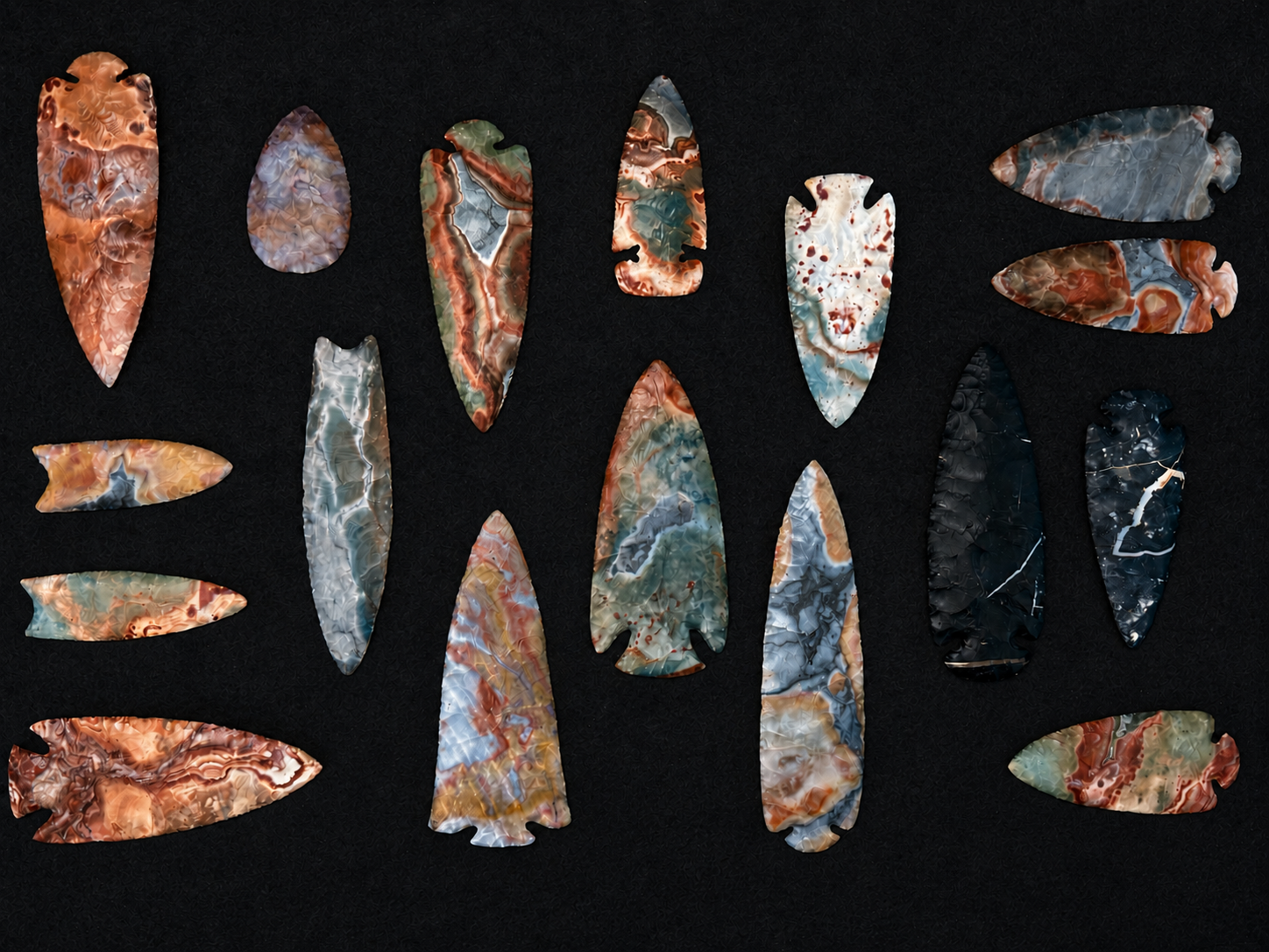 A collection of colorful Flint Ridge arrowheads and blades arranged on black fabric.