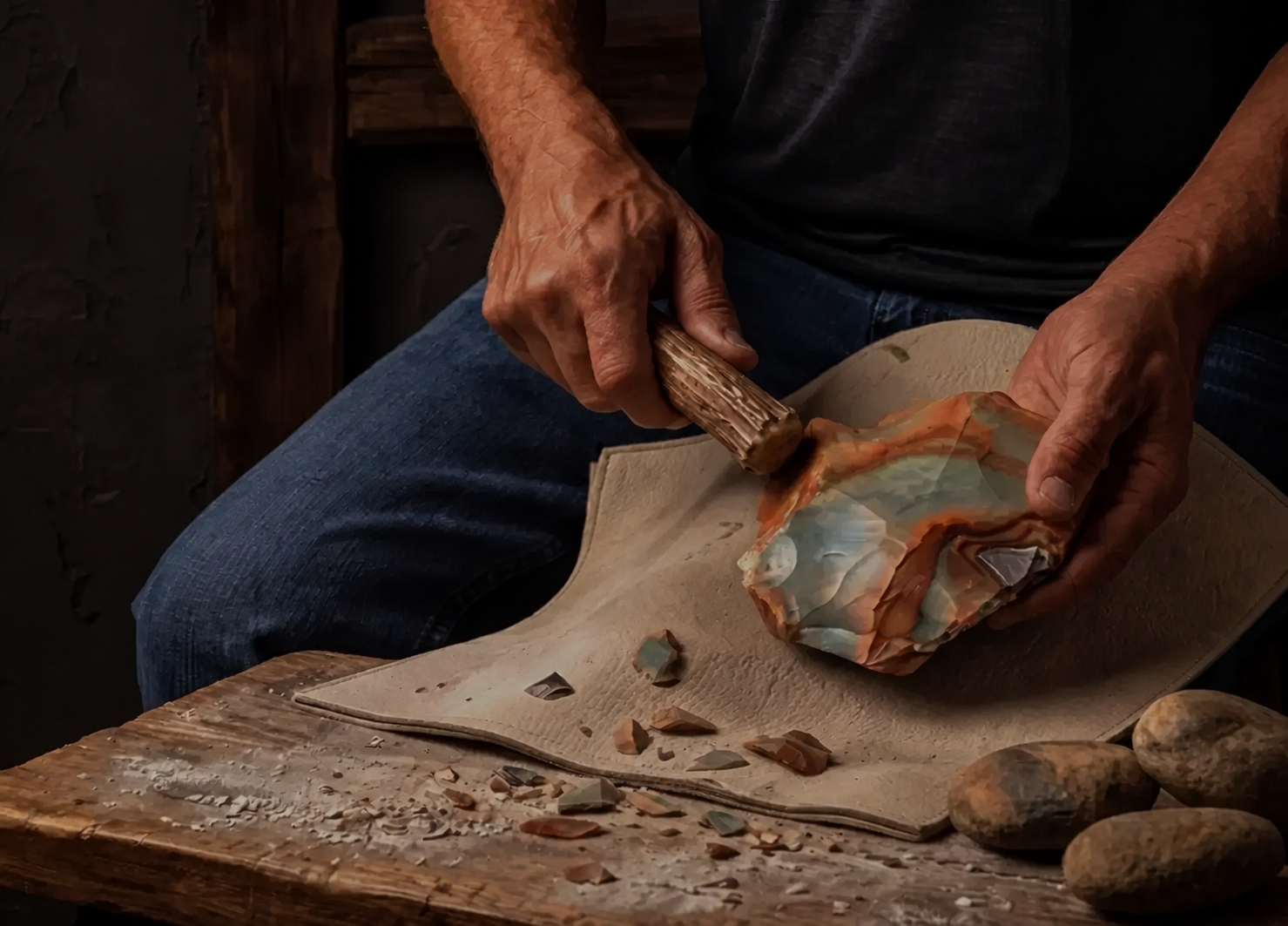 Ronnie Miller shaping Flint Ridge stone by hand in his workshop.